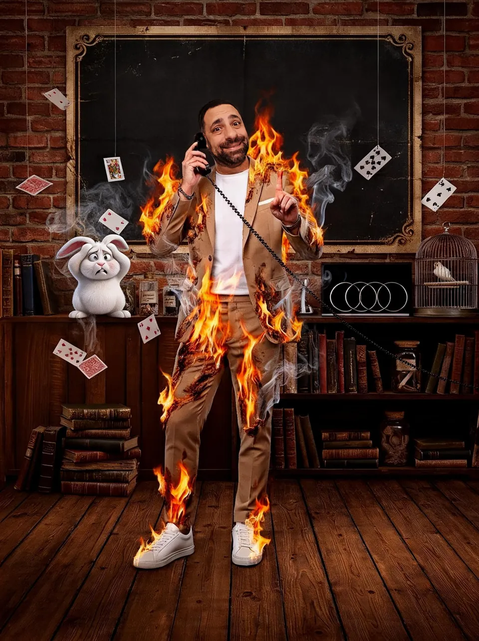 El Mago Komodín hablando por un teléfono antiguo mientras su traje se prende fuego, en un estudio de mago con cartas flotando