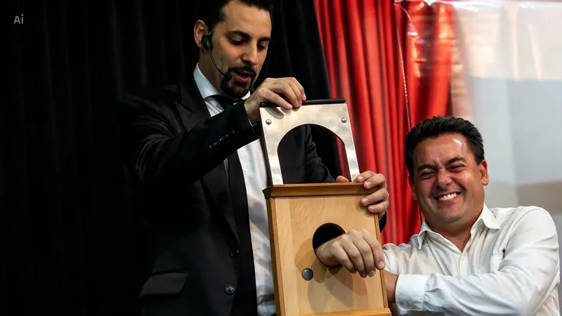 Un invitado se ríe con la mano dentro de la guillotina mágica