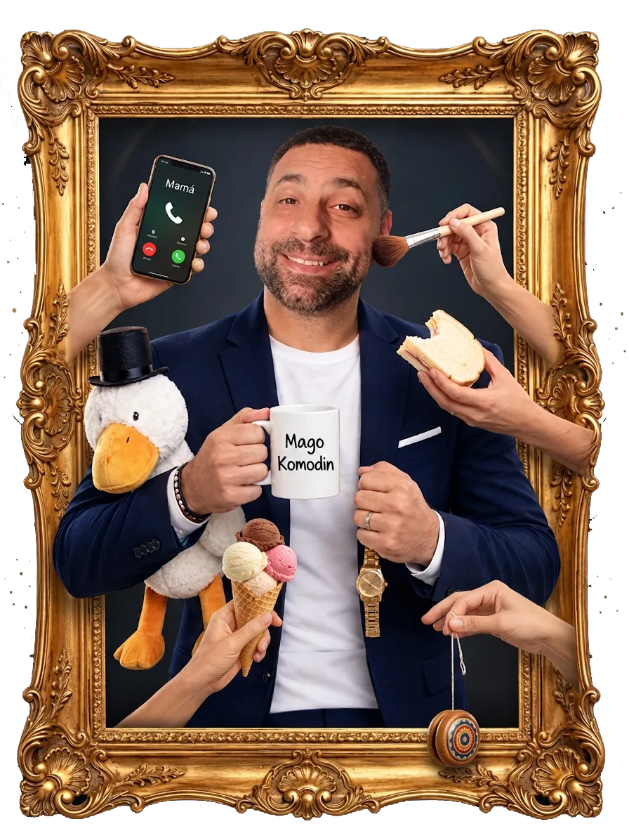 El Mago Komodín sonriendo dentro de un marco dorado, con una taza que dice «Mago Komodin», rodeado de manos que le acercan un celular, un sánguche, un helado y un yoyó